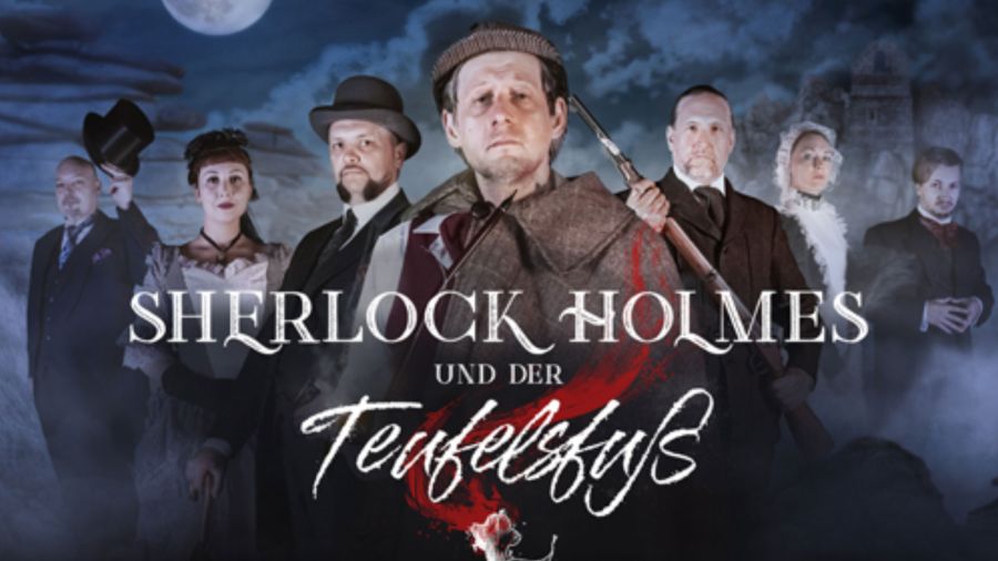 Sieben Personen in viktorianischer Kleidung stehen vor einem nebligen, dunklen Hintergrund. Text: 'Sherlock Holmes und der Teufelsfuß'.