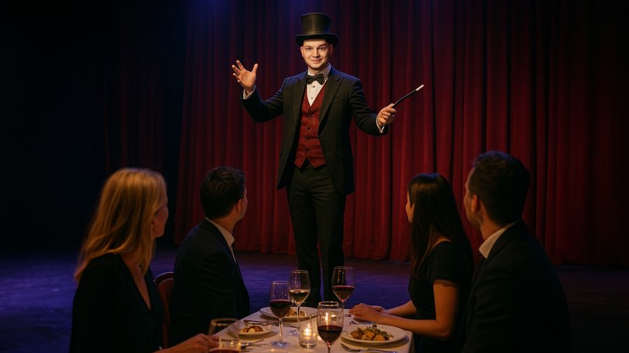 A magician in a black suit with a red waistcoat and top hat stands on a stage in front of a red curtain, holding a magic wand. In front of the stage, a group of four people sit at a candlelit dinner table with wine and food, watching the magician perform.