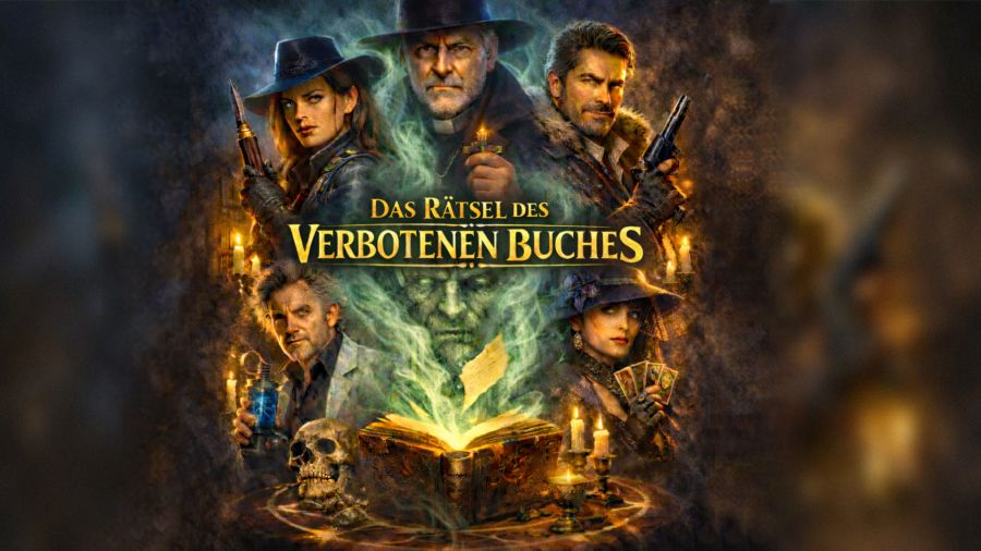 Dramatisches Keyvisual mit fünf mysteriösen Charakteren – Abenteurerin, Priester, Revolverheld, Detektiv und Wahrsagerin – rund um ein leuchtendes Zauberbuch mit grünem Geisterrauch und Totenschädel